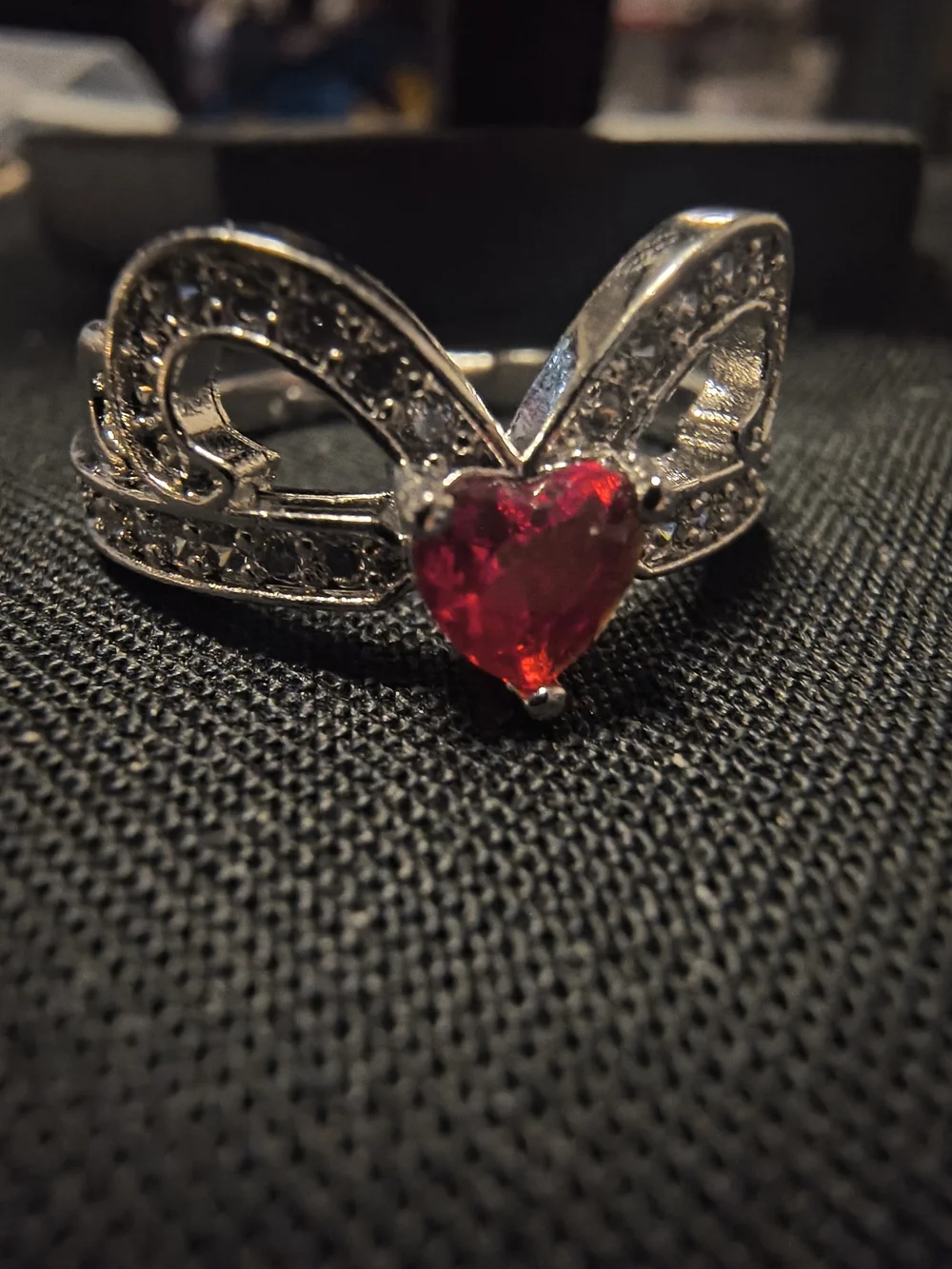 Silver Heart Ring with Red Gemstone